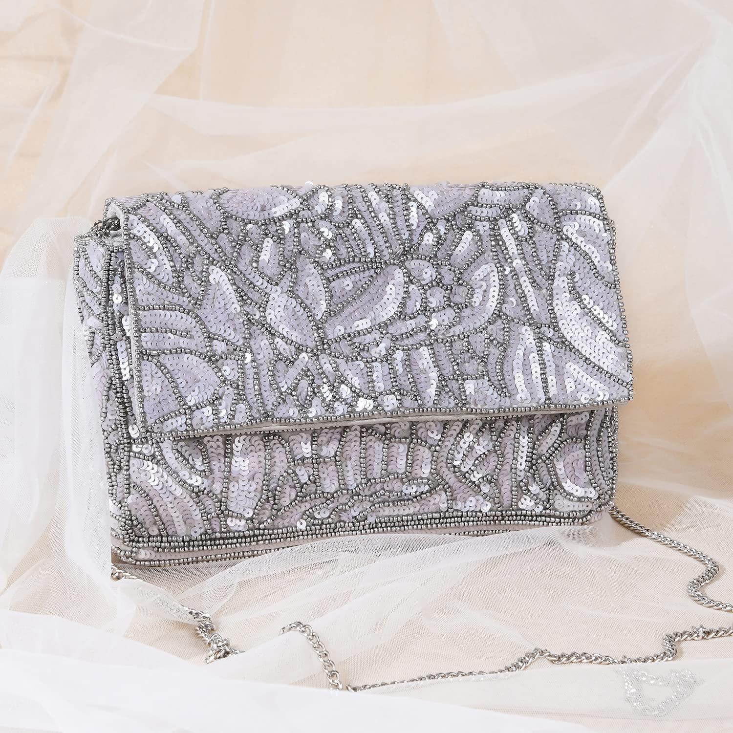 Accessorize London Women's Faux Leather Silver Sequin Floral Clutch 