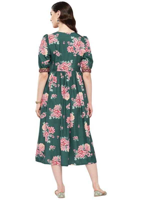 Ahalyaa Women Floral Printed Empire Ethnic Dress Green 