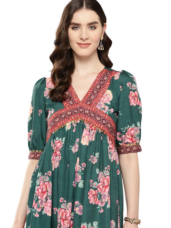 Ahalyaa Women Floral Printed Empire Ethnic Dress Green 