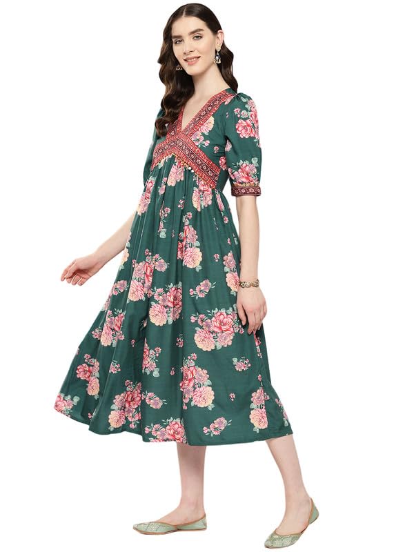 Ahalyaa Women Floral Printed Empire Ethnic Dress Green 