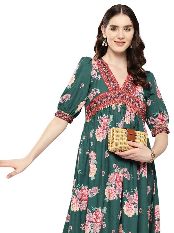 Ahalyaa Women Floral Printed Empire Ethnic Dress Green 