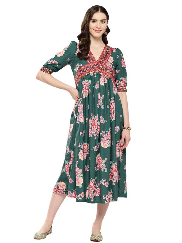 Ahalyaa Women Floral Printed Empire Ethnic Dress Green 