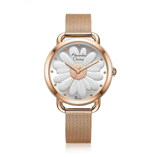 Alexandre Christie Classic Ladies Analog Watch with 3D Flower Effect - Silver Rose Gold 