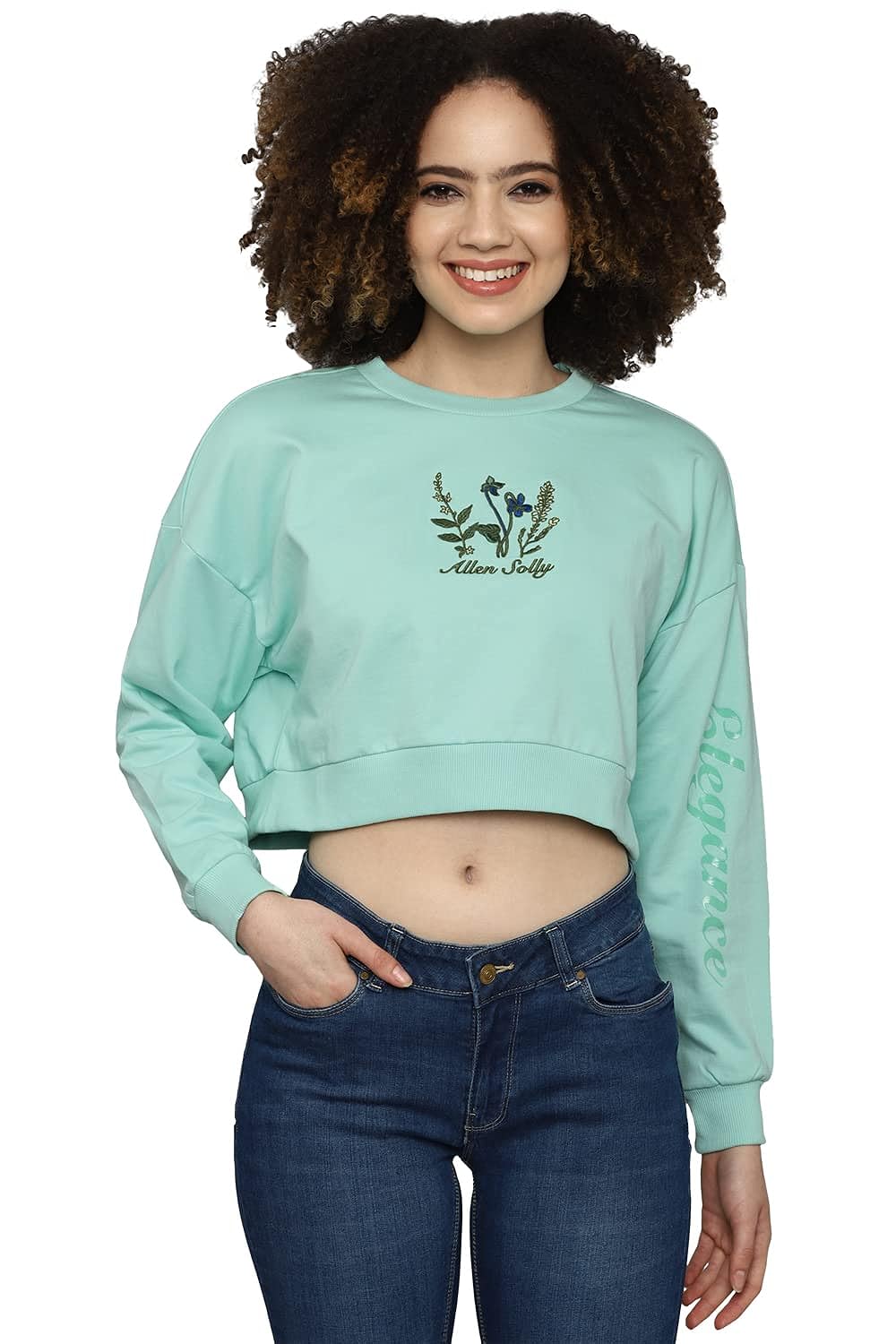 Allen Solly Women's Cotton Crew Neck Sweatshirt (AHSTCRGB189019_Green_S) 