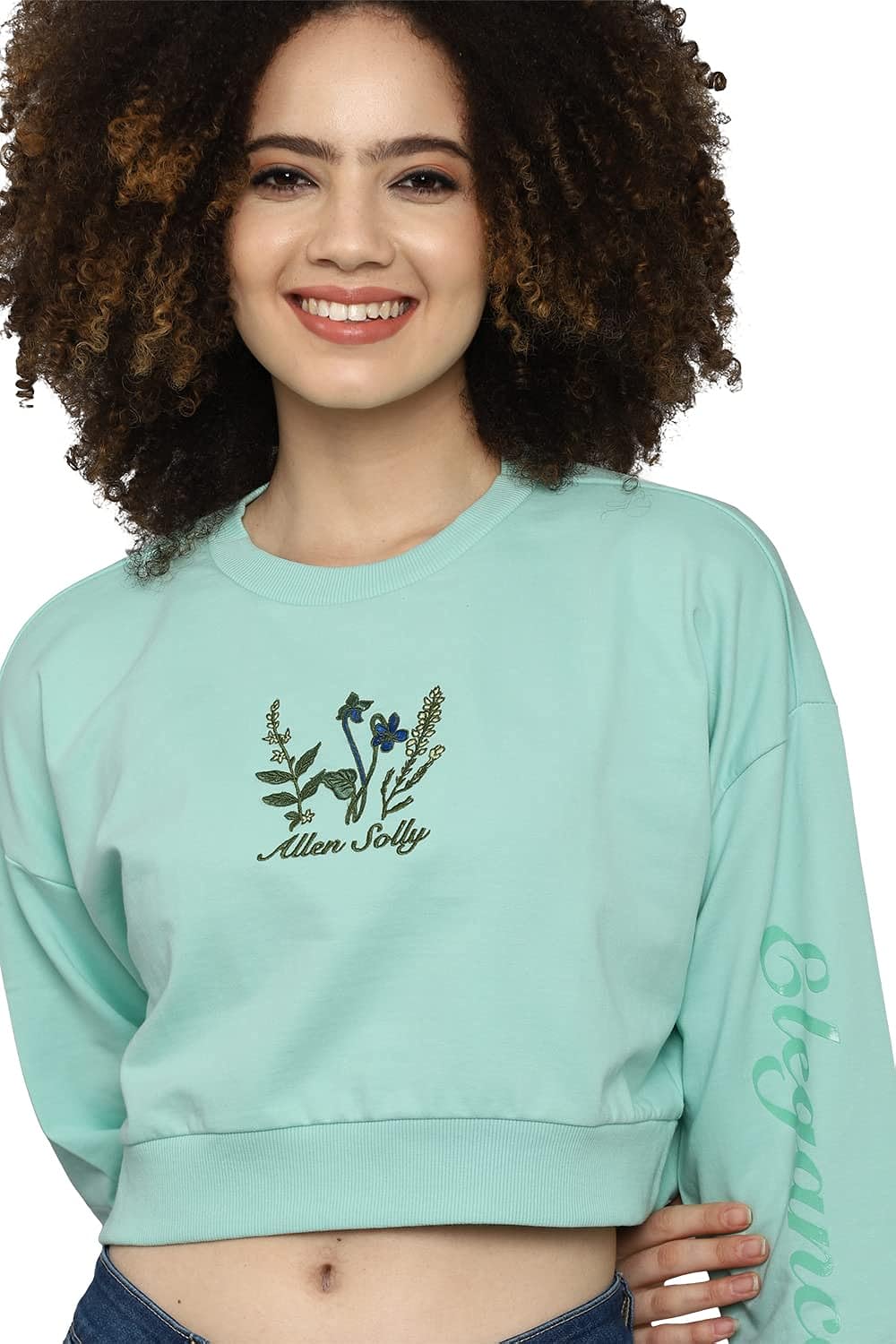 Allen Solly Women's Cotton Crew Neck Sweatshirt (AHSTCRGB189019_Green_S) 