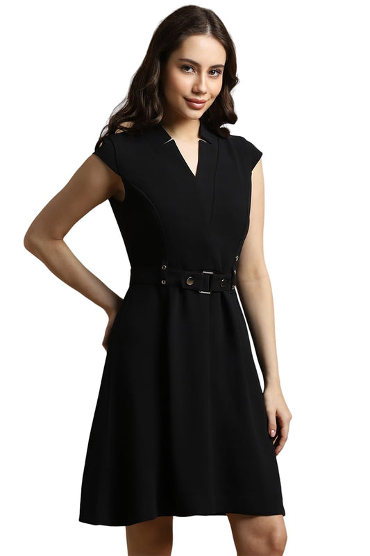 Allen Solly Women's Polyester A-Line Mid-Thigh Length Dress (AHDRWRGFU77512_Black 