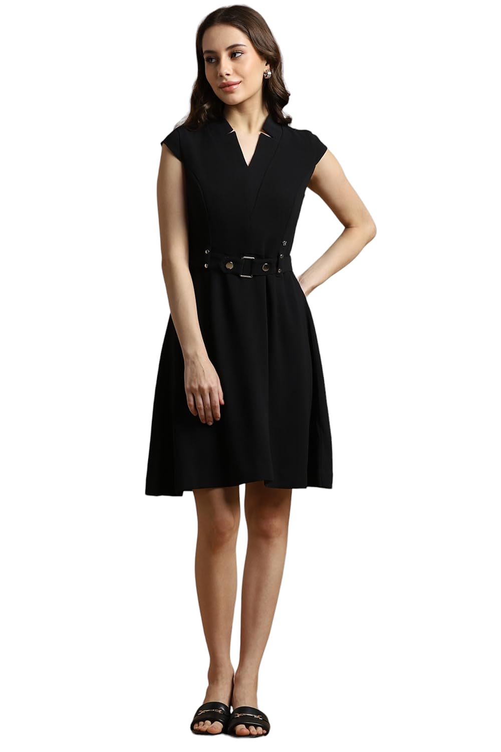 Allen Solly Women's Polyester A-Line Mid-Thigh Length Dress (AHDRWRGFU77512_Black 