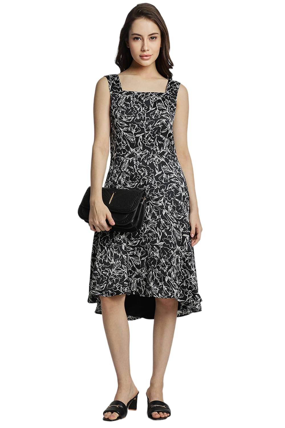 Allen Solly Women's Polyester Blend Classic High-Low Dress (Black) 