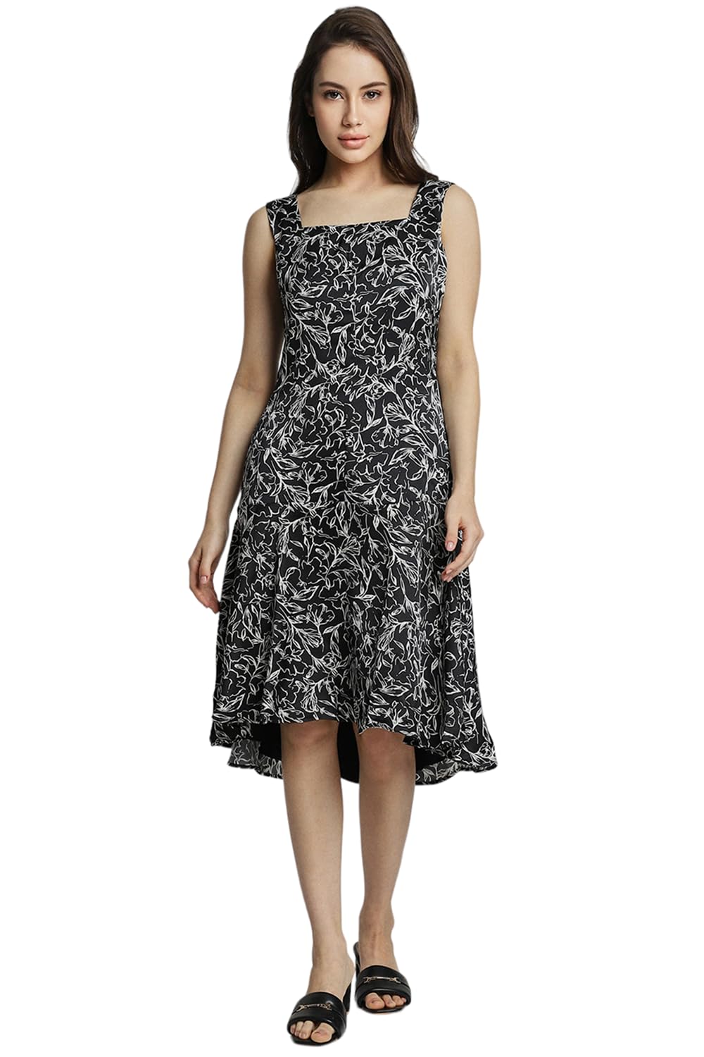 Allen Solly Women's Polyester Blend Classic High-Low Dress (Black) 