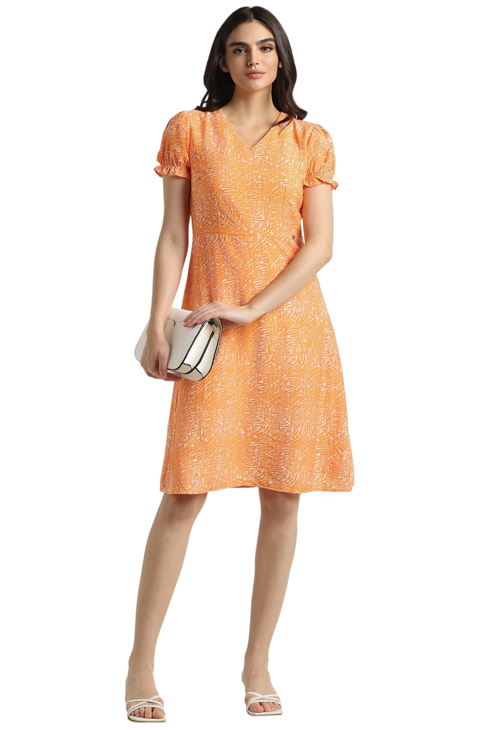 Allen Solly Women's Viscose A-Line Knee-Length Dress (Orange) 