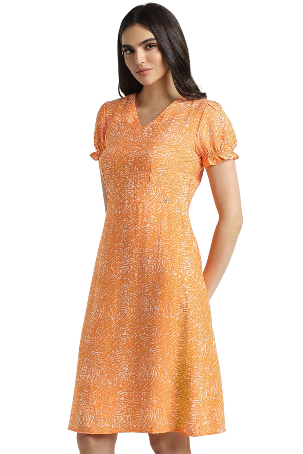 Allen Solly Women's Viscose A-Line Knee-Length Dress (Orange) 