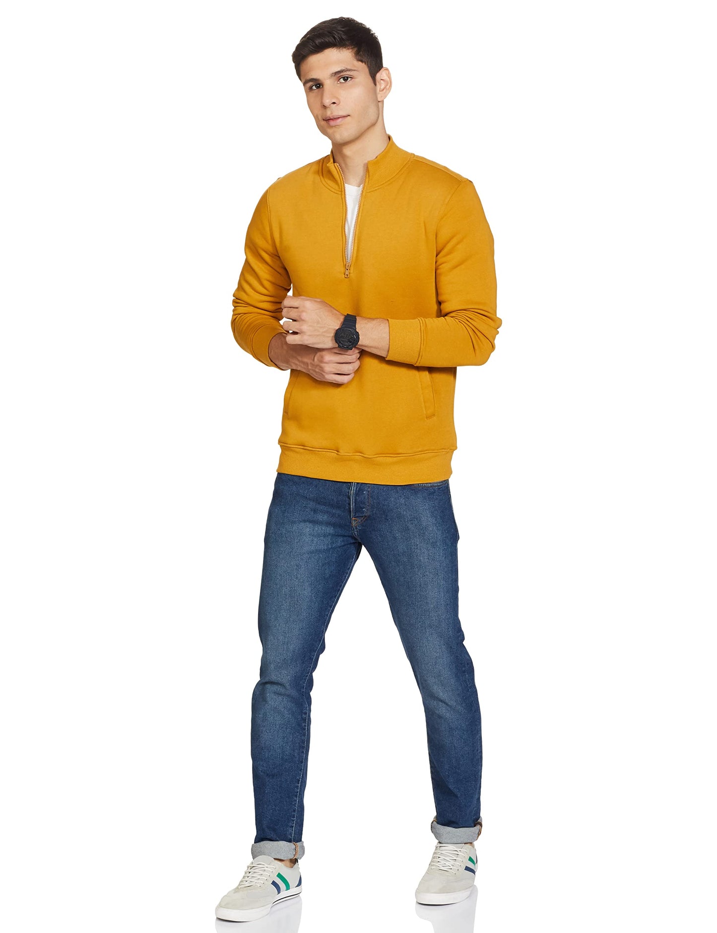 Amazon Brand - Symbol Men's Regular Cotton Blend Hooded Neck Sweatshirt (AW21HFZIP001_Amber Gold_M_Amber Gold1_M) 