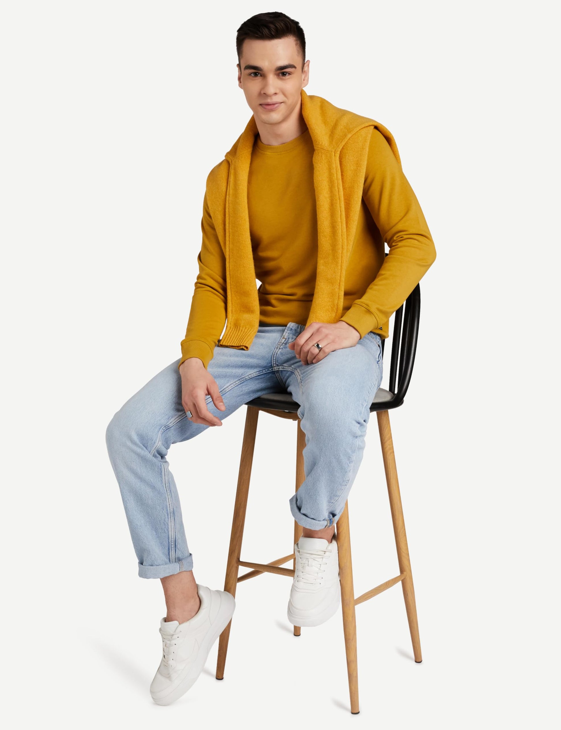 Amazon Brand - Symbol Men's Regular Cotton Blend Round Neck Sweat shirt (AW18MNSSW01H_Amber Gold_Small_Brown, Amber Gold_S) 