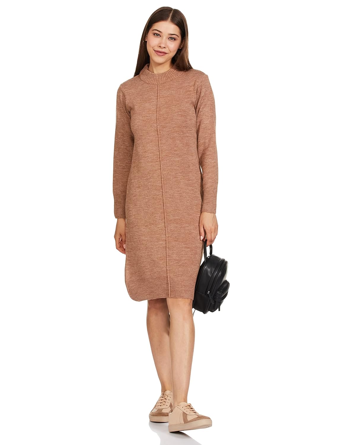 Amazon Brand - Symbol Women's Acrylic Sweater Knee-Length Winter Dress (Oatmeal) 