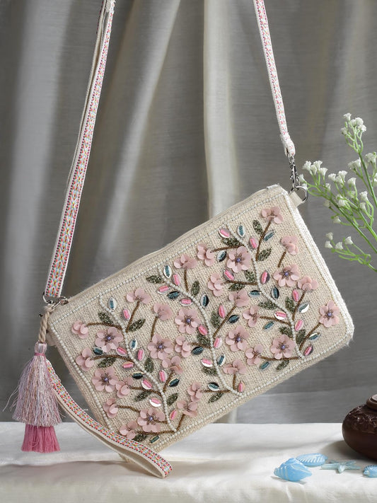 Anekaant Boho Natural, Pastel Pink & Multi Floral Bead Work Cotton Sling Bag 