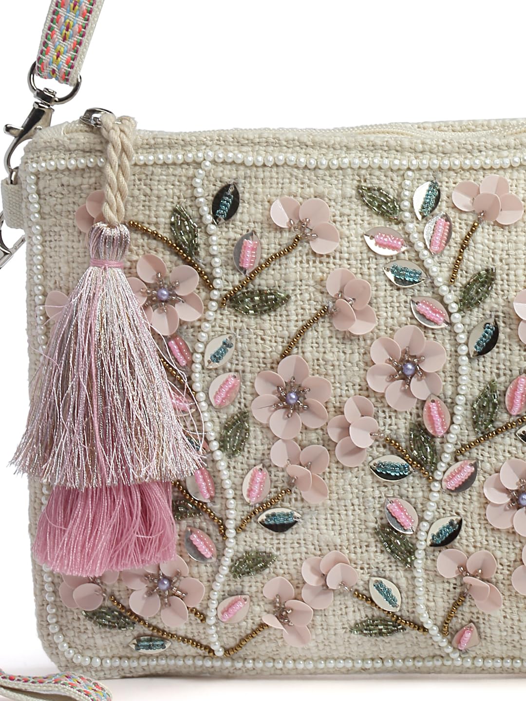 Anekaant Boho Natural & Gunmetal Cotton Canvas Seashell Embellished Sling  Bag - Anekaant - 4128337