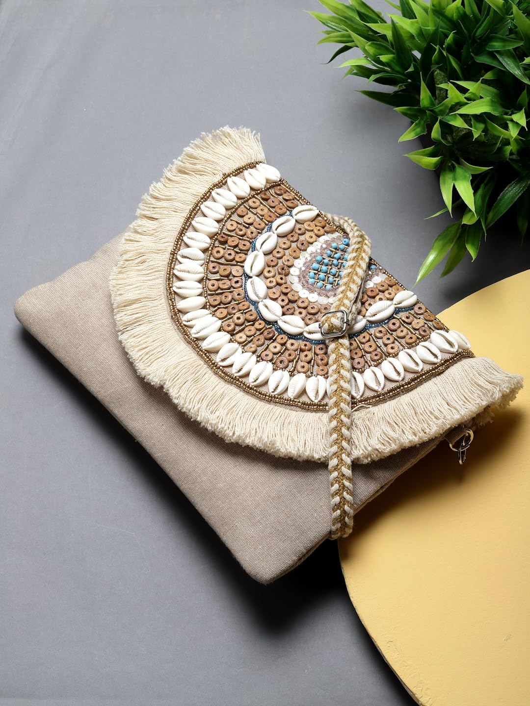 Anekaant Boho Nude & Brown Seashell Embellished Cotton Canvas Sling Bag 