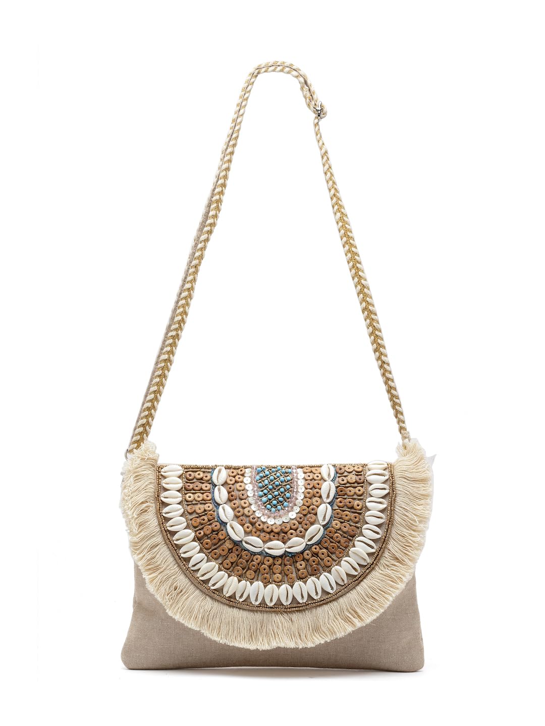 Anekaant Boho Nude & Brown Seashell Embellished Cotton Canvas Sling Bag 