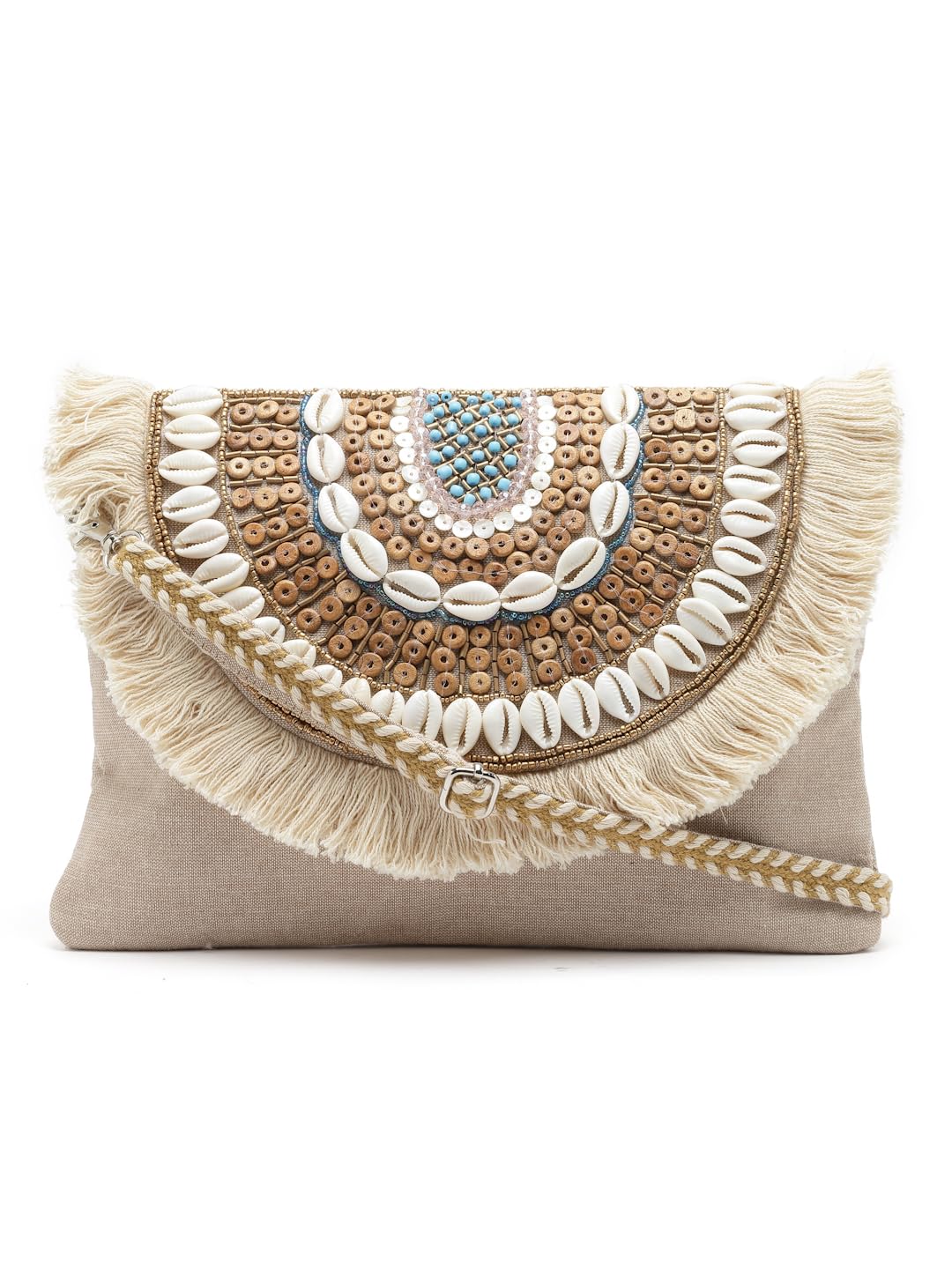 Anekaant Boho Nude & Brown Seashell Embellished Cotton Canvas Sling Bag 