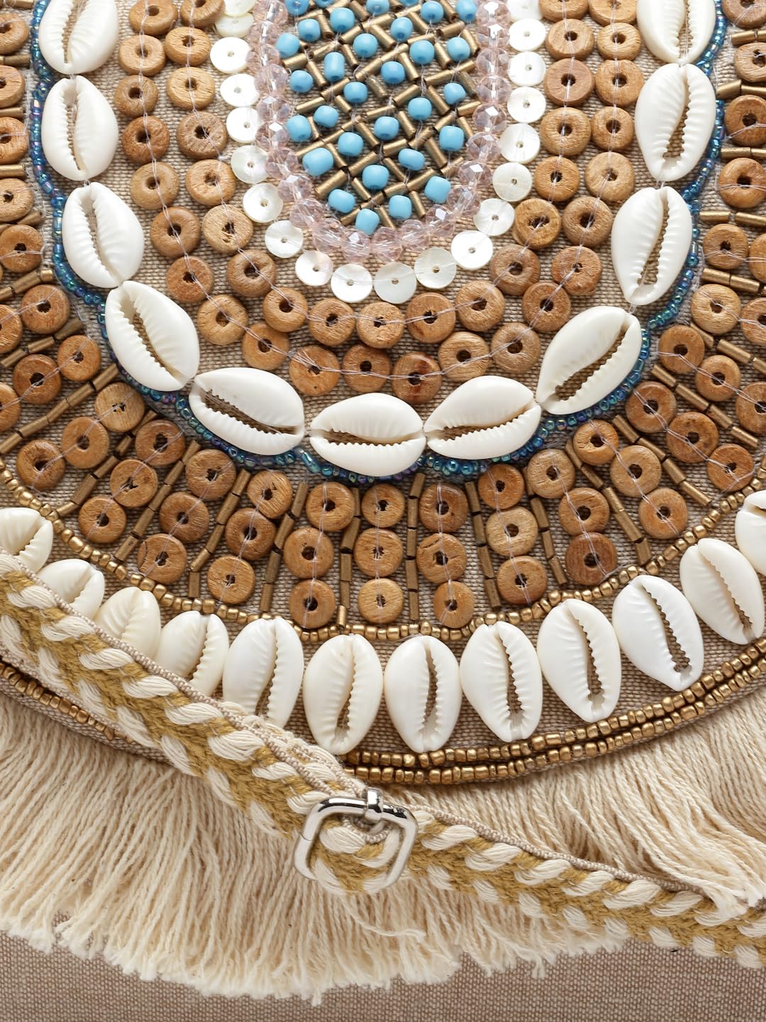 Anekaant Boho Nude & Brown Seashell Embellished Cotton Canvas Sling Bag 