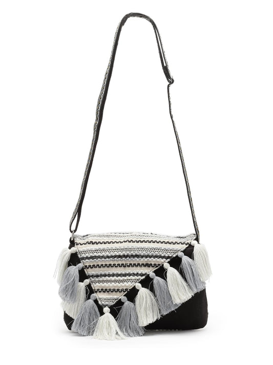 Anekaant Geomat Black & Silver Striped Jacquard Cotton Canvas Sling Bag 