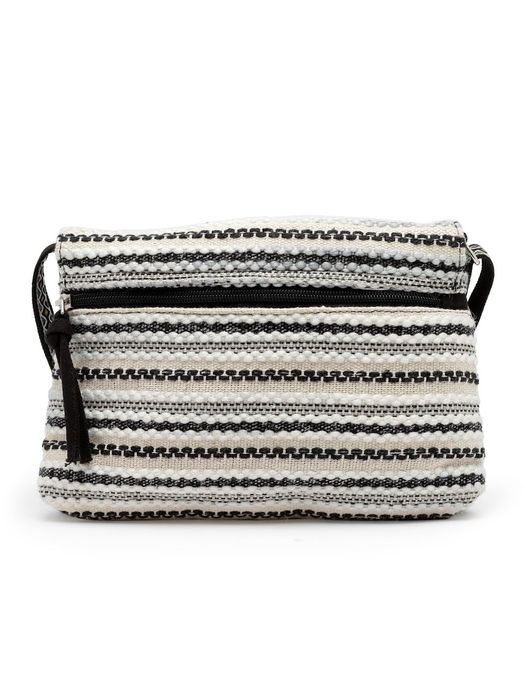 Anekaant Geomat Black & Silver Striped Jacquard Cotton Canvas Sling Bag 