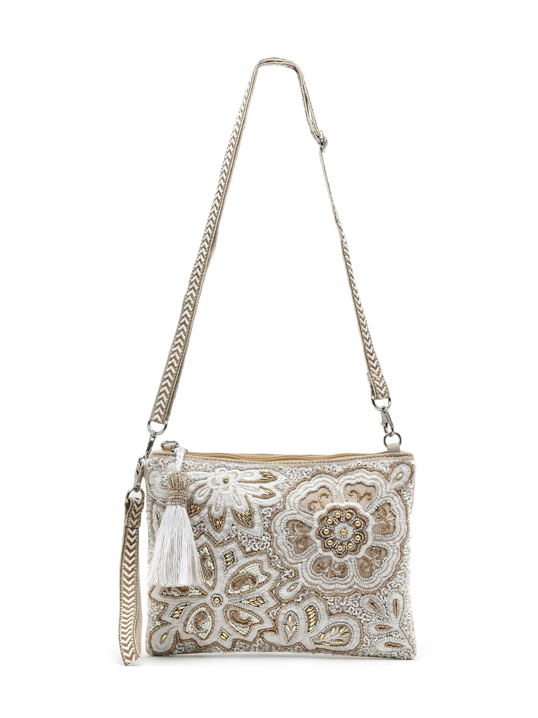 Anekaant Ghoomar Natural & Gold Floral Embellished Cotton Canvas Sling Bag 