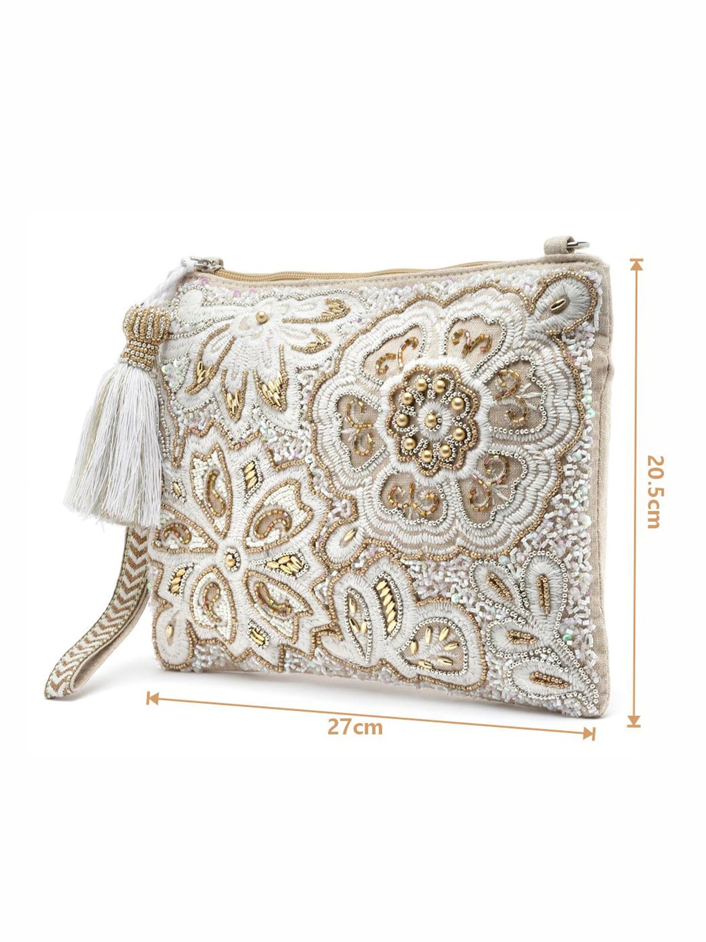 Anekaant Ghoomar Natural & Gold Floral Embellished Cotton Canvas Sling Bag 