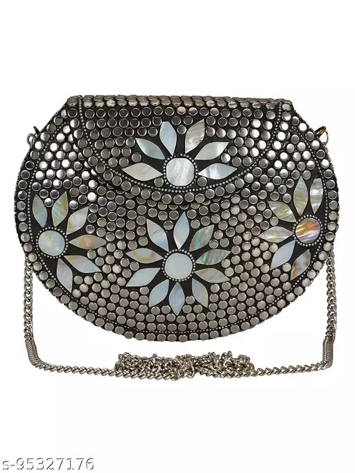 Anekaant Jewel Mosaic Metal Clutch Sliver & White 