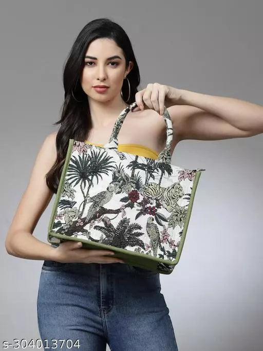 Anekaant Jungle Olive Green & Multi Tropical Jacquard Cotton Canvas Handheld Bag 