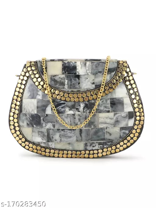Anekaant Mosaic Marble Grey & Gold Marble finish Embellished Resin & Metal Clutch 