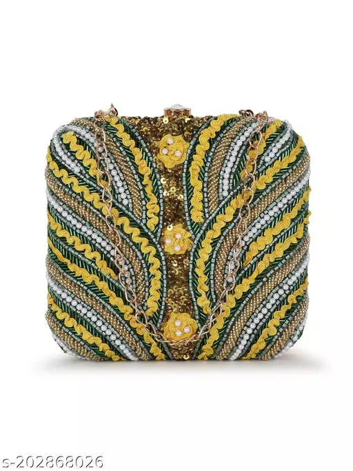 Anekaant Vista Mehandi Green & yellow Quirky Embellished Faux Silk Clutch 