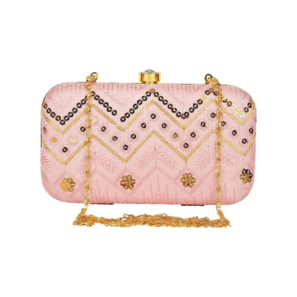 Attractive Web Embroidered Sequines Faux Silk Clutch 