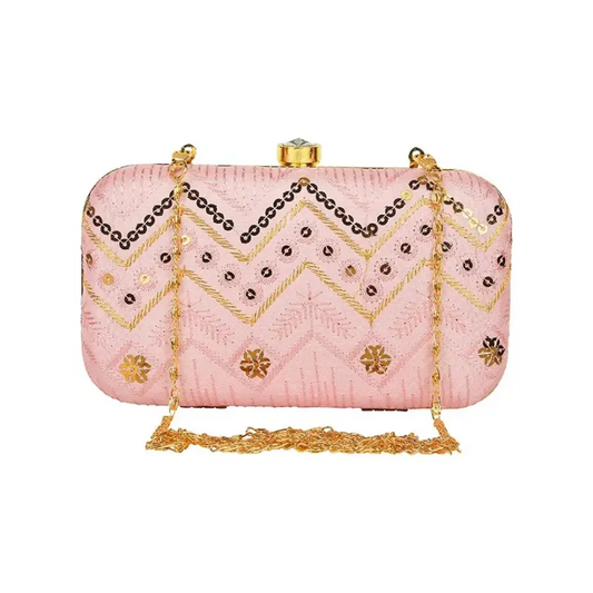 Attractive Web Embroidered Sequines Faux Silk Clutch 