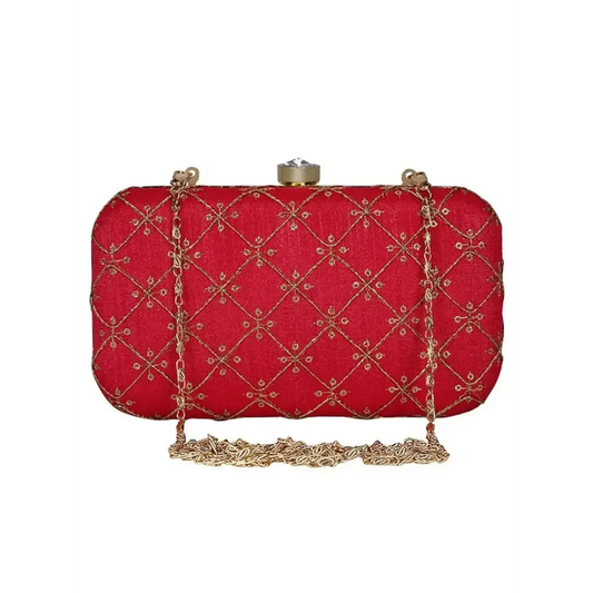 Attractive Web Embroidered Sequines Faux Silk Clutch 