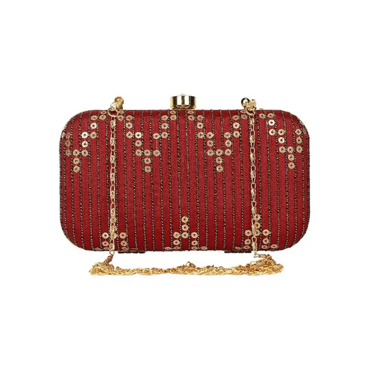 Attractive Web Embroidered Sequines Faux Silk Clutch 