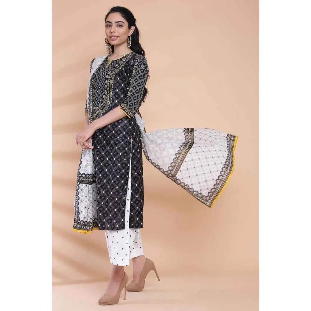 BIBA Cotton Women Printed Relaxed Salwar Kurta Dupatta(Skdassorted7197E_Black_34) SaumyasStore