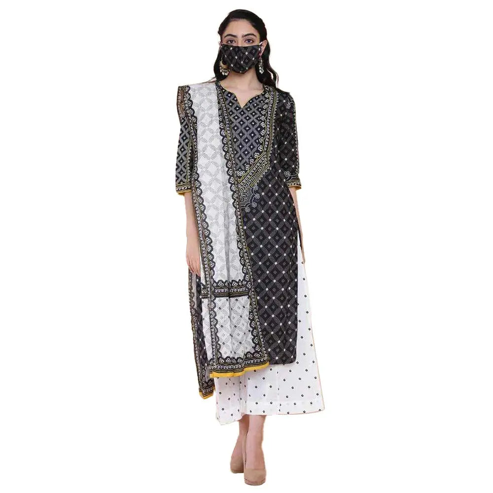 BIBA Cotton Women Printed Relaxed Salwar Kurta Dupatta(Skdassorted7197E_Black_34) SaumyasStore