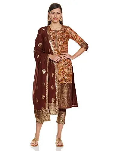 BIBA Cotton Women's Printed Relaxed Salwar Kurta Dupatta(Skddurgotsa7566_Choco Brown_36) SaumyasStore