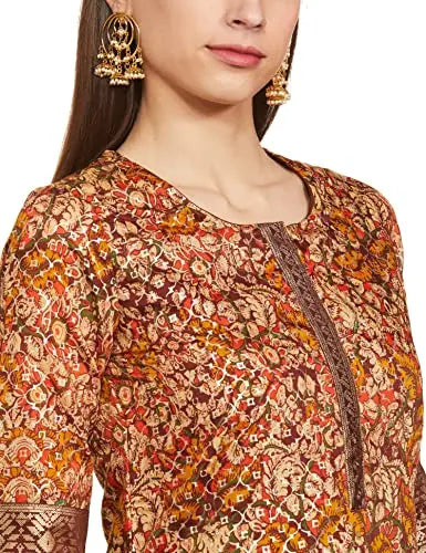 BIBA Cotton Women's Printed Relaxed Salwar Kurta Dupatta(Skddurgotsa7566_Choco Brown_36) SaumyasStore