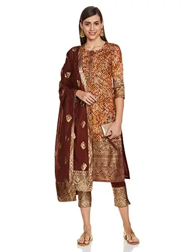 BIBA Cotton Women's Printed Relaxed Salwar Kurta Dupatta(Skddurgotsa7566_Choco Brown_36) SaumyasStore