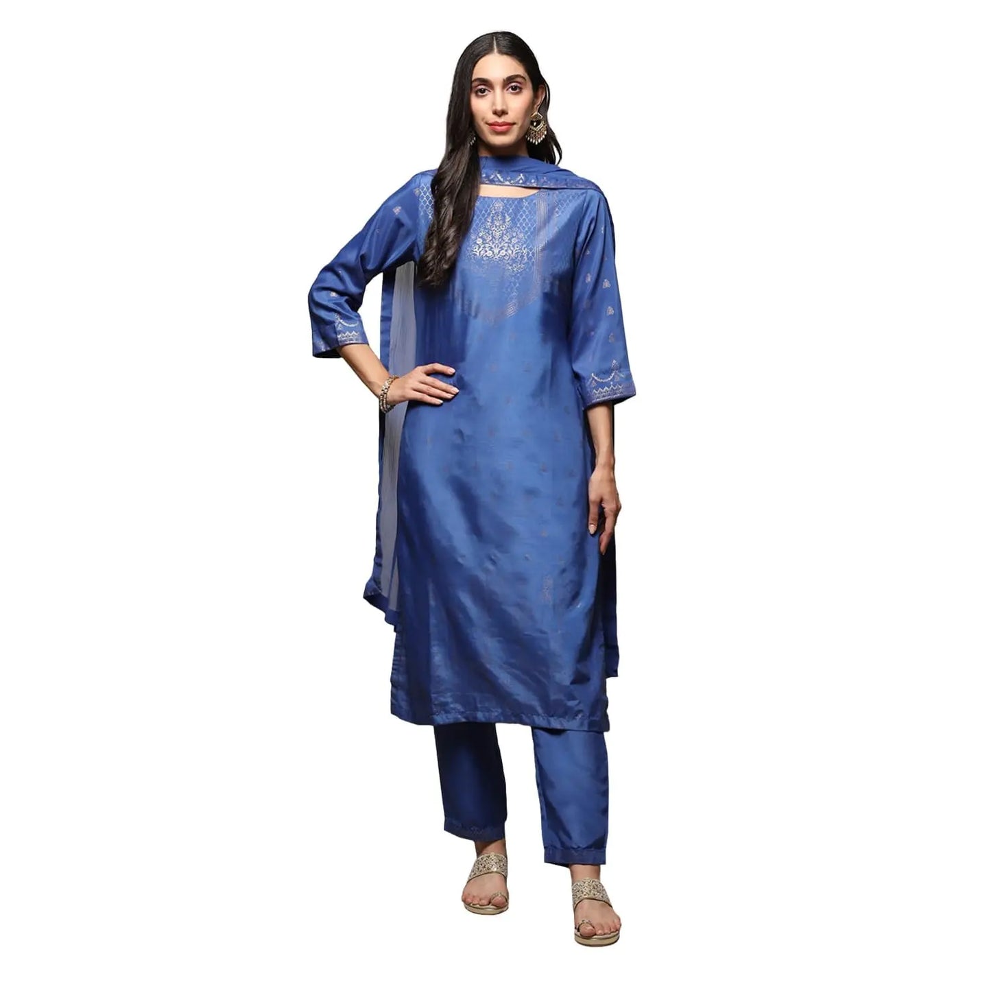 BIBA Polyester Women Printed Narrow Salwar Kurta Dupatta(Skdassorted7666E_Blue_38) SaumyasStore