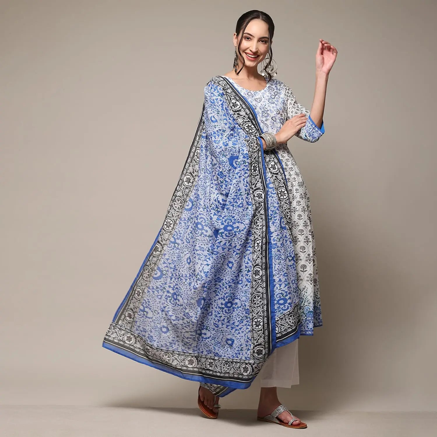 BIBA WOMEN PRINTED ANARKALI SALWAR KURTA DUPATTA(SKDASSORTED9042_WHITE_38) SaumyasStore