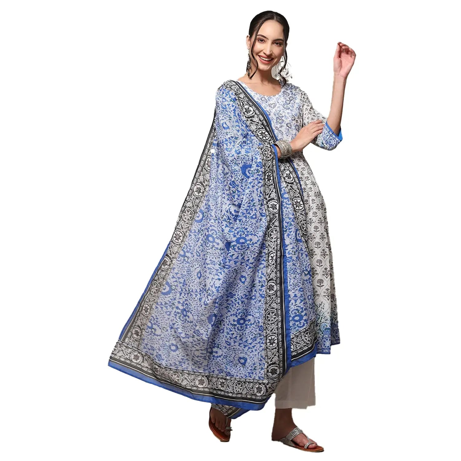 BIBA WOMEN PRINTED ANARKALI SALWAR KURTA DUPATTA(SKDASSORTED9042_WHITE_38) SaumyasStore