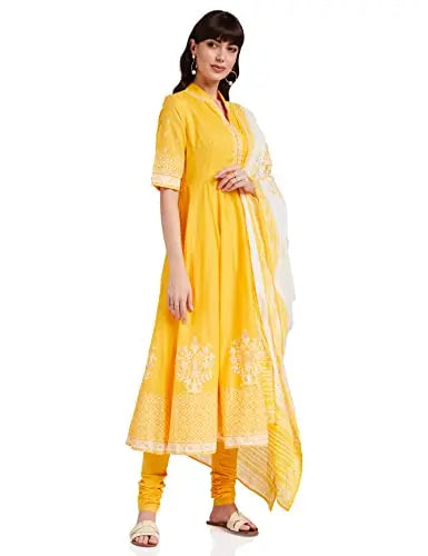 BIBA WOMEN PRINTED FITTED SALWAR KURTA DUPATTA(SKDSKD5919_YELLOW_32) SaumyasStore