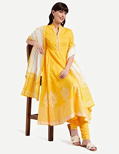 BIBA WOMEN PRINTED FITTED SALWAR KURTA DUPATTA(SKDSKD5919_YELLOW_32) SaumyasStore