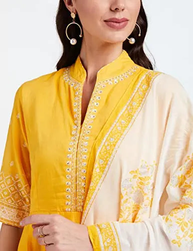 BIBA WOMEN PRINTED FITTED SALWAR KURTA DUPATTA(SKDSKD5919_YELLOW_32) SaumyasStore
