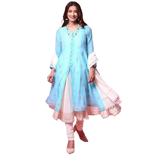 BIBA WOMEN PRINTED FLARED SALWAR KURTA DUPATTA(SKD5092_POWDER BLUE_38) SaumyasStore