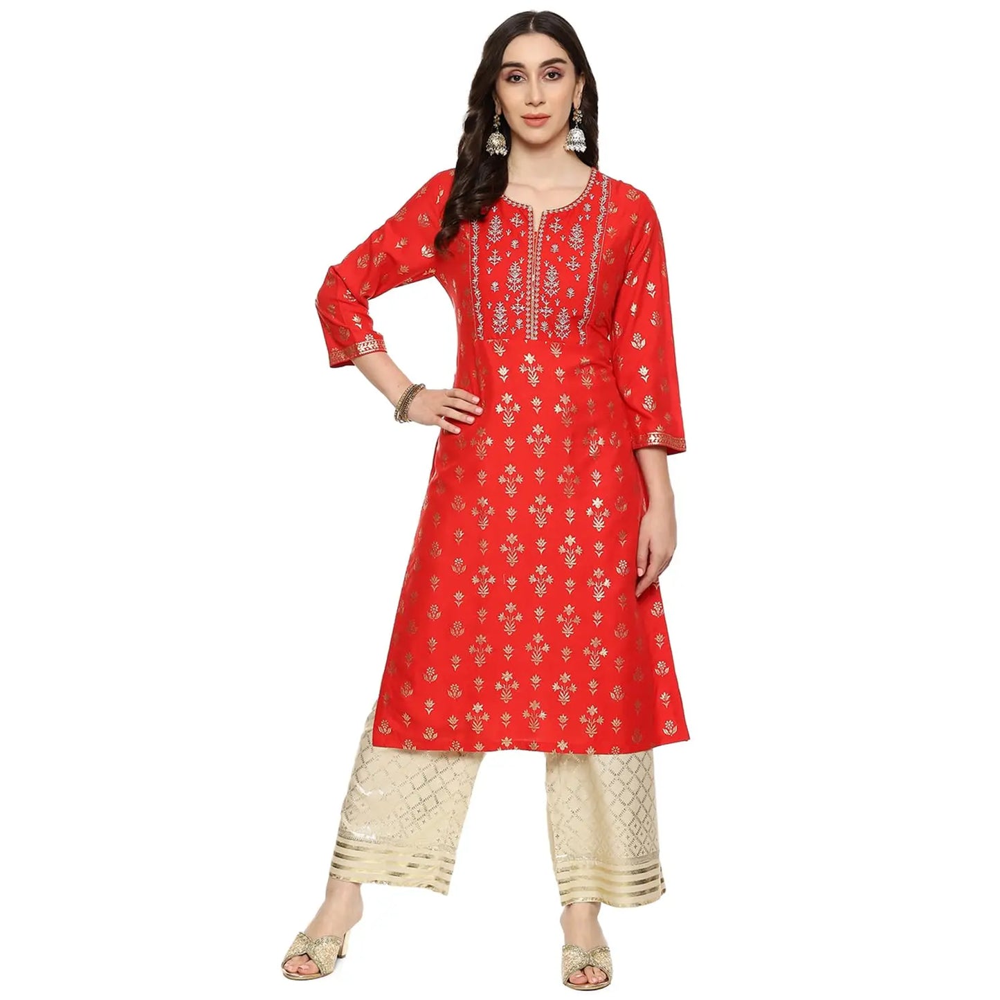 BIBA WOMEN PRINTED STRAIGHT SALWAR KURTA DUPATTA(SKD7451E_RED_40) SaumyasStore