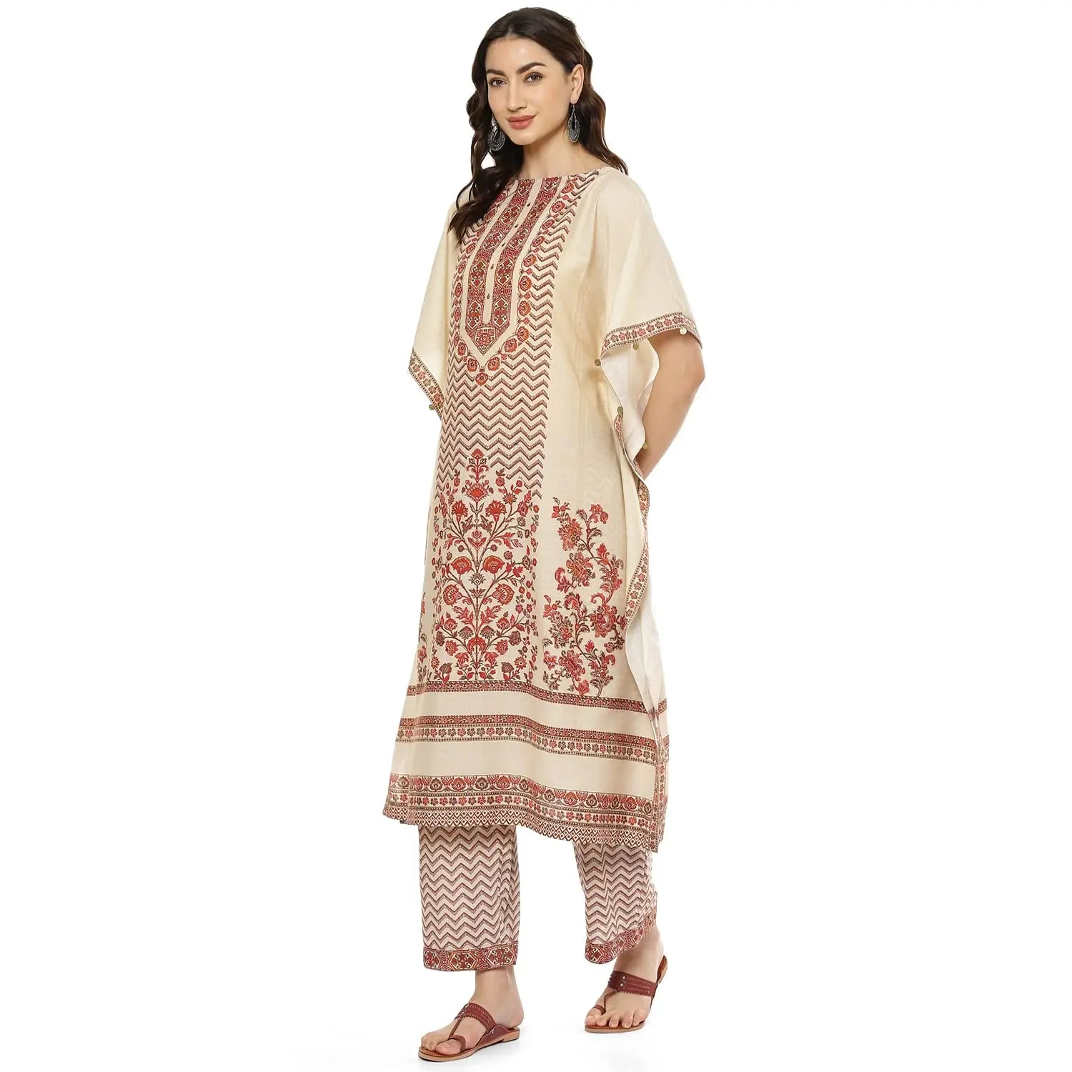 BIBA WOMEN PRINTED STRAIGHT SALWAR KURTA DUPATTA(SKDKAFTAN K7976_BEIGE_38) SaumyasStore